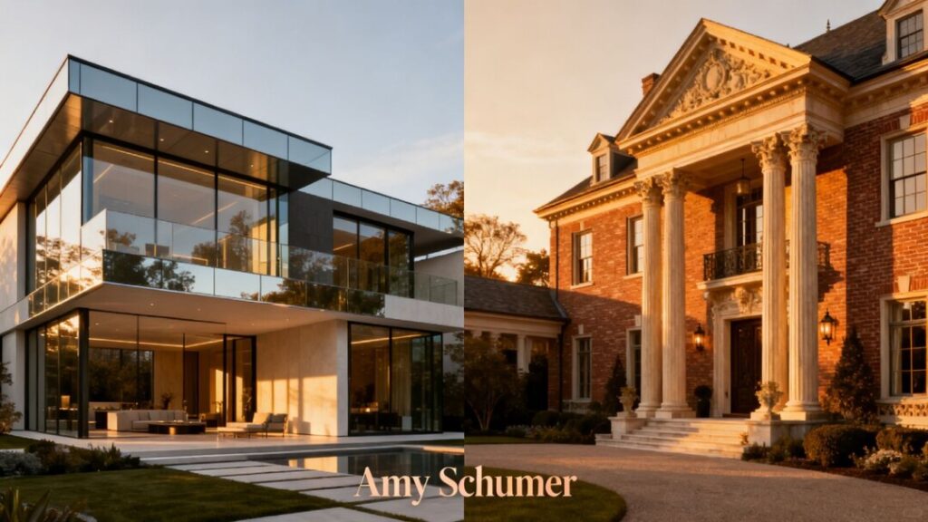 Two contrasting luxury homes, one modern, one traditional.