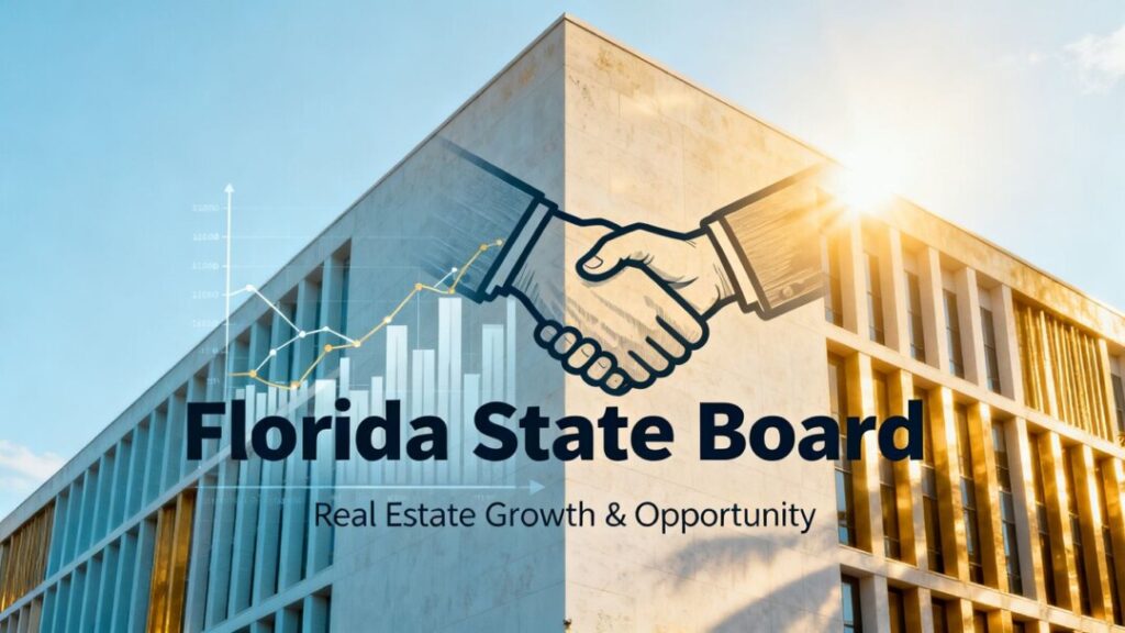Florida State Board building with financial graphics.
