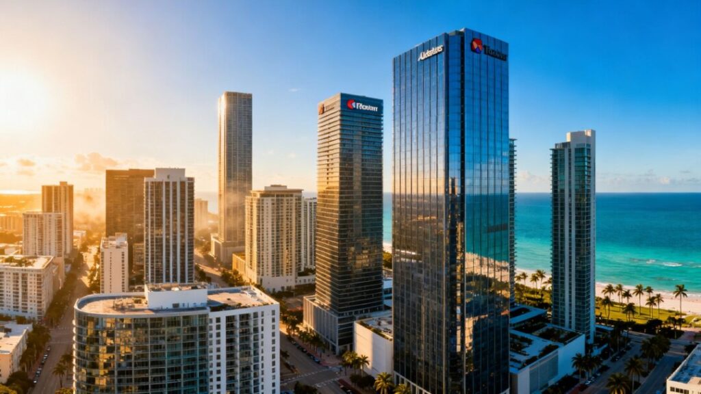 Florida skyline with modern office buildings and coastline.