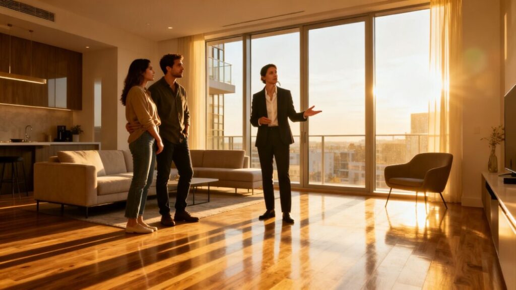 Real estate agent with buyers in a modern condo.