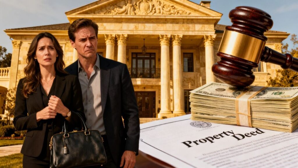 Couple in front of mansion with money and gavel.