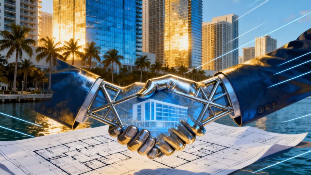Florida cityscape with handshake and building blueprint.