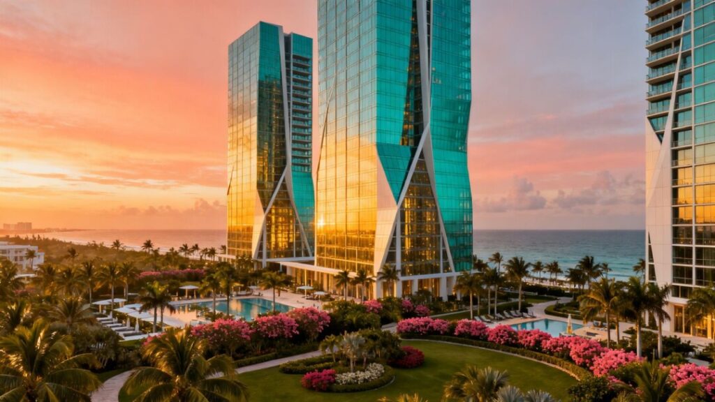 Luxury skyscrapers in South Florida at sunset.
