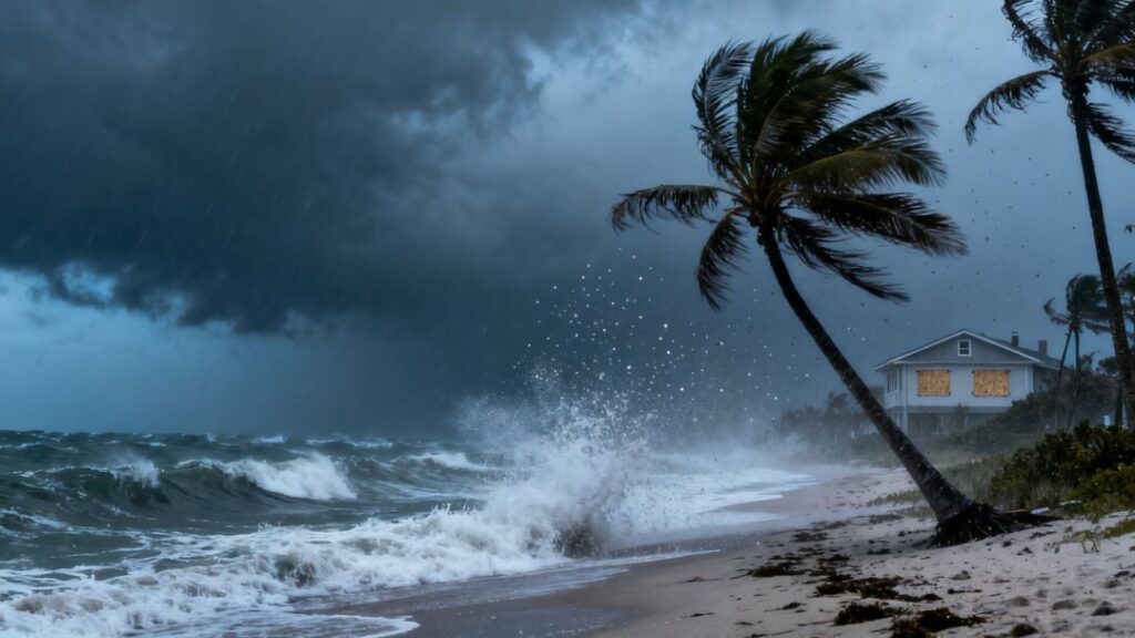 Florida coast under stormy skies, preparing for a hurricane.
