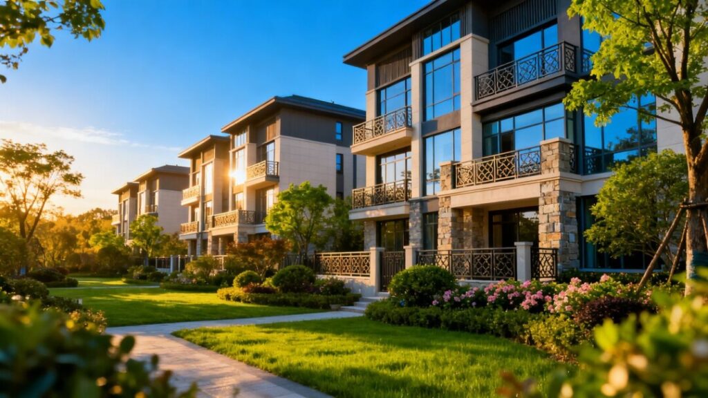 Modern apartment complex with landscaping under a blue sky.