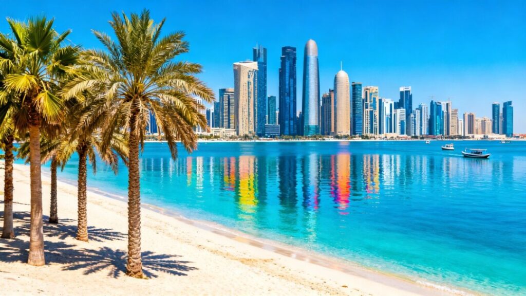 Miami skyline and beach with palm trees.