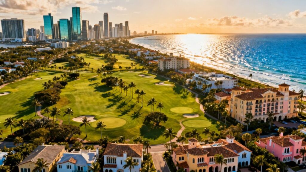Miami and Palm Beach skylines connected by ocean and green space.