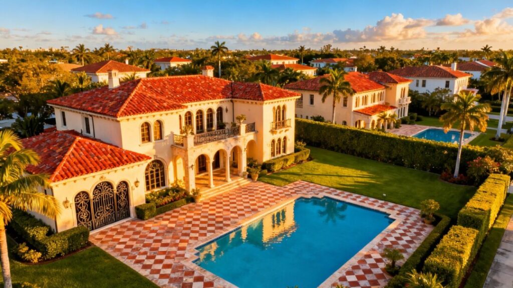 Coral Gables luxury homes with red roofs and pools.