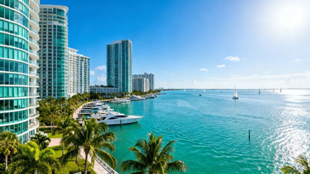 Luxury condos and yachts along sunny South Florida coast
