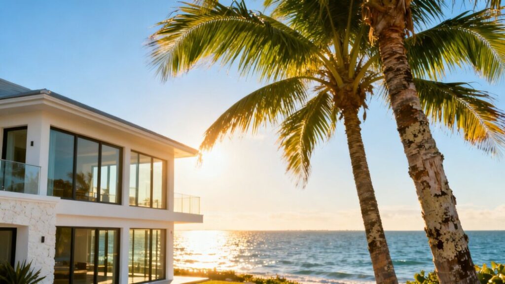 Florida coastline with a modern house and palm trees.