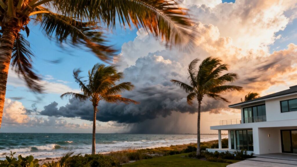 Florida coast with storm clouds and a house.