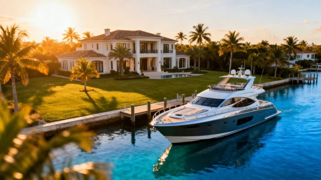 Luxury Florida mansion with waterfront view and yacht.