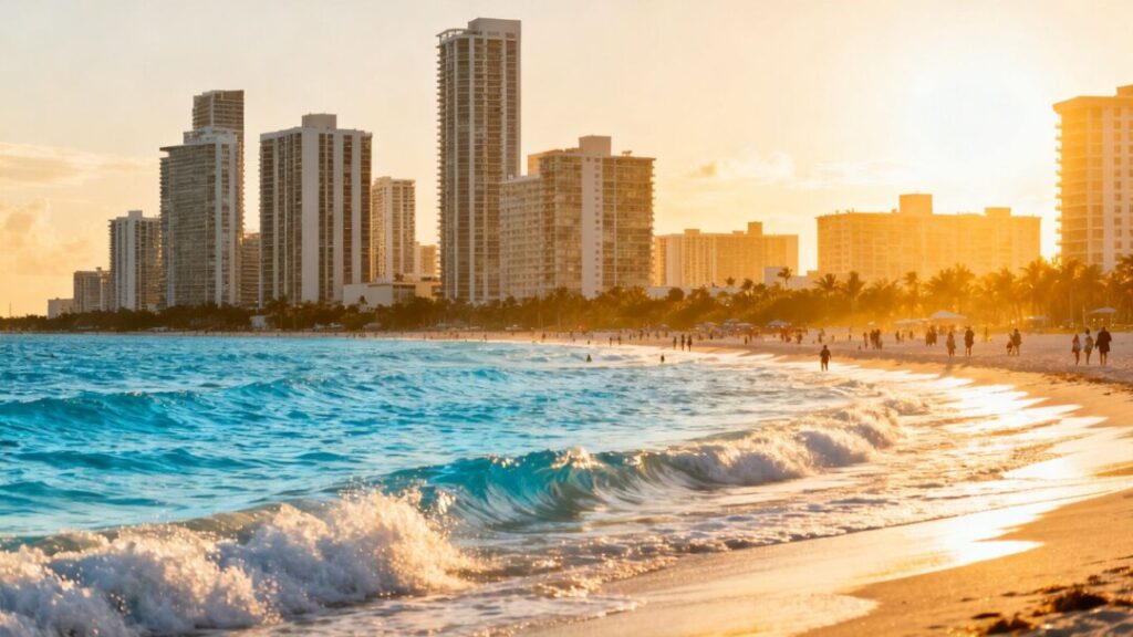South Florida cityscape with beach and ocean.