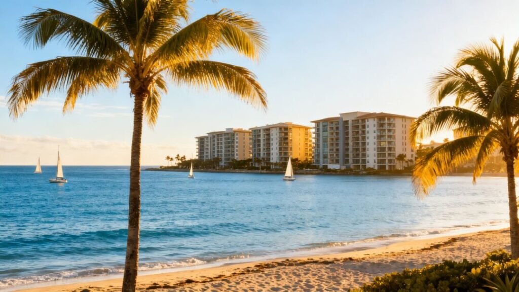 Florida condos by the ocean with palm trees.