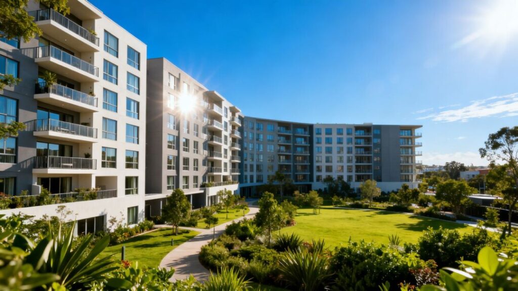 Bayfront Miami-Dade rental complex with modern buildings and balconies.