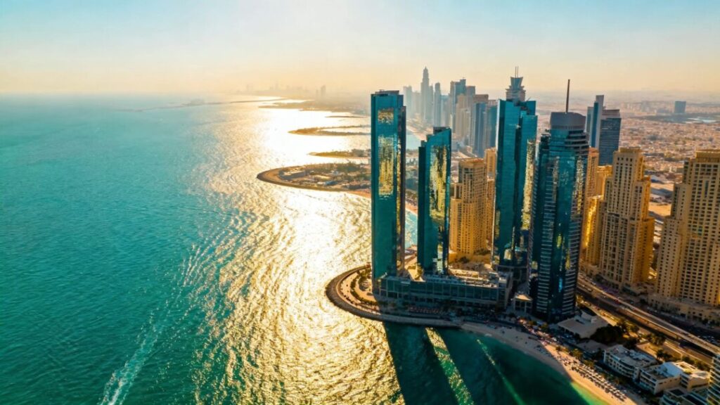 Miami skyline with ocean and luxury buildings.