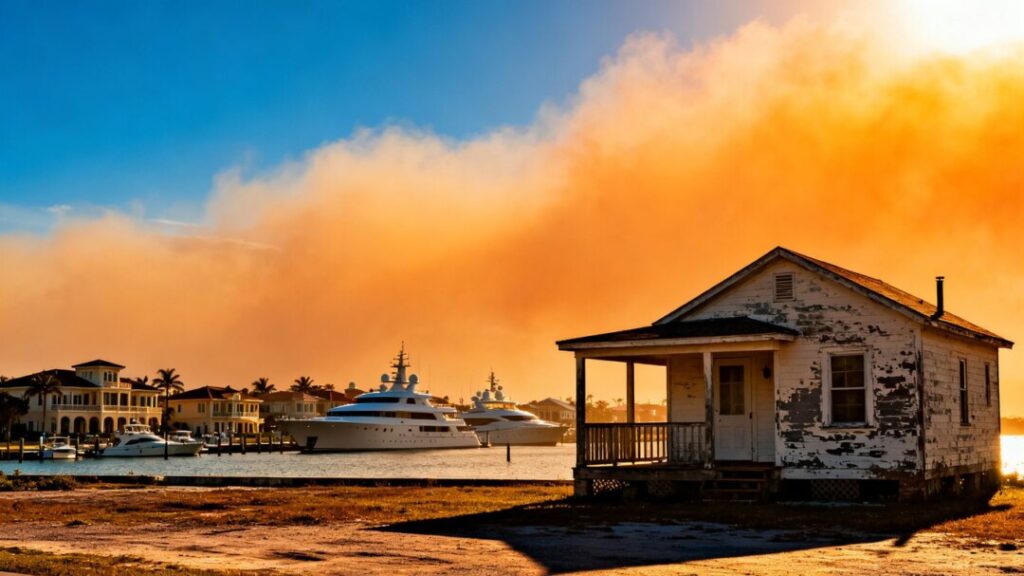 Florida mansions and yachts contrasted with a small house.