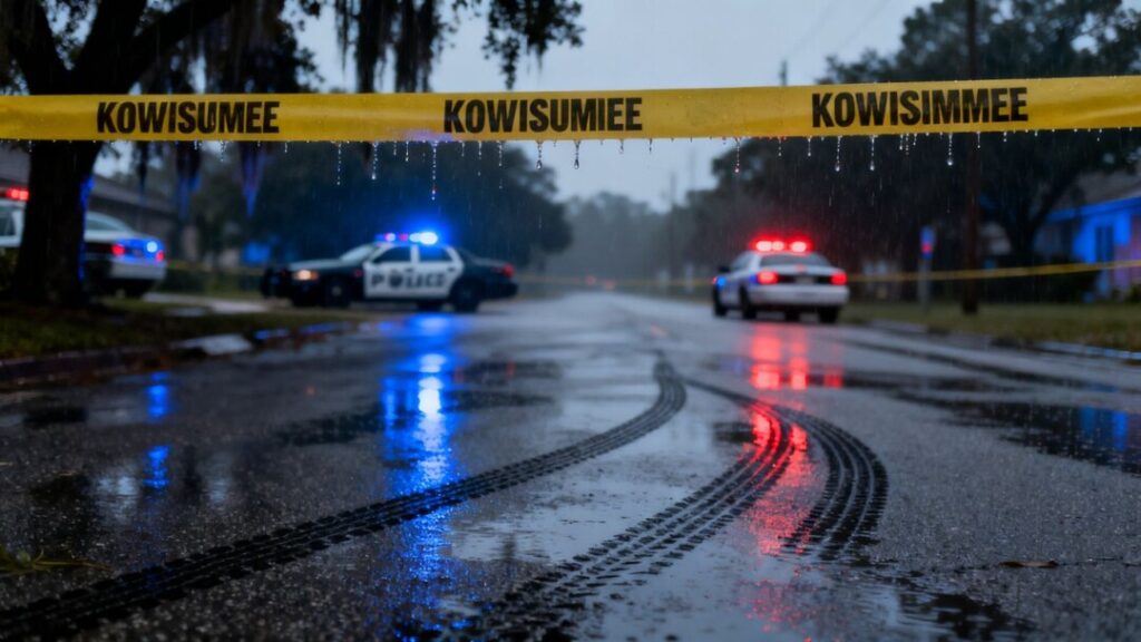 Kissimmee crime scene with police lights and tape.