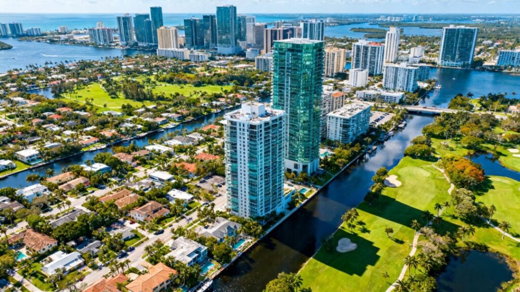 Fort Lauderdale cityscape with buildings and green spaces.