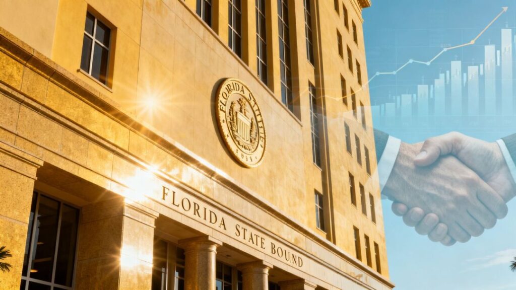 Florida State Board building with financial graphics.