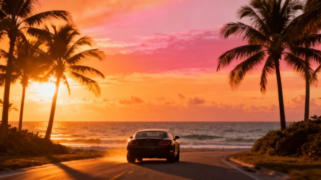 Florida coast with palm trees and luxury car.
