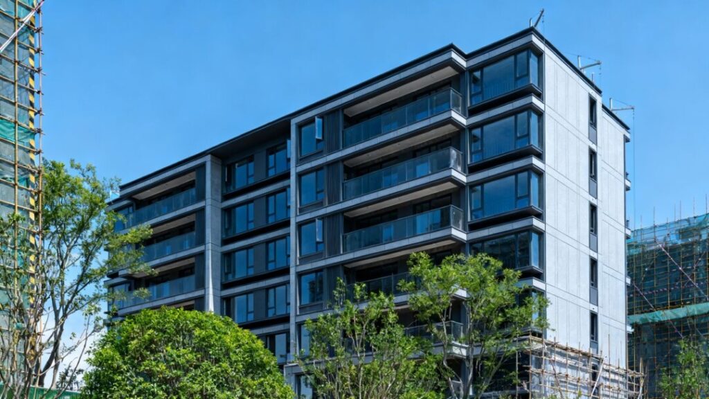 Modern apartment building under construction with blue sky.
