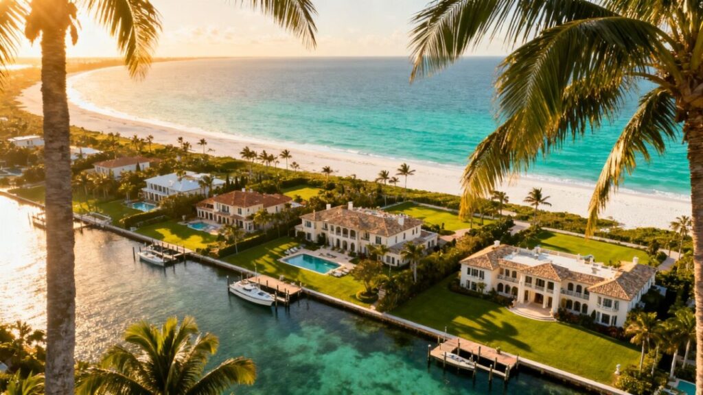 Palm Beach luxury mansions and turquoise ocean waters.