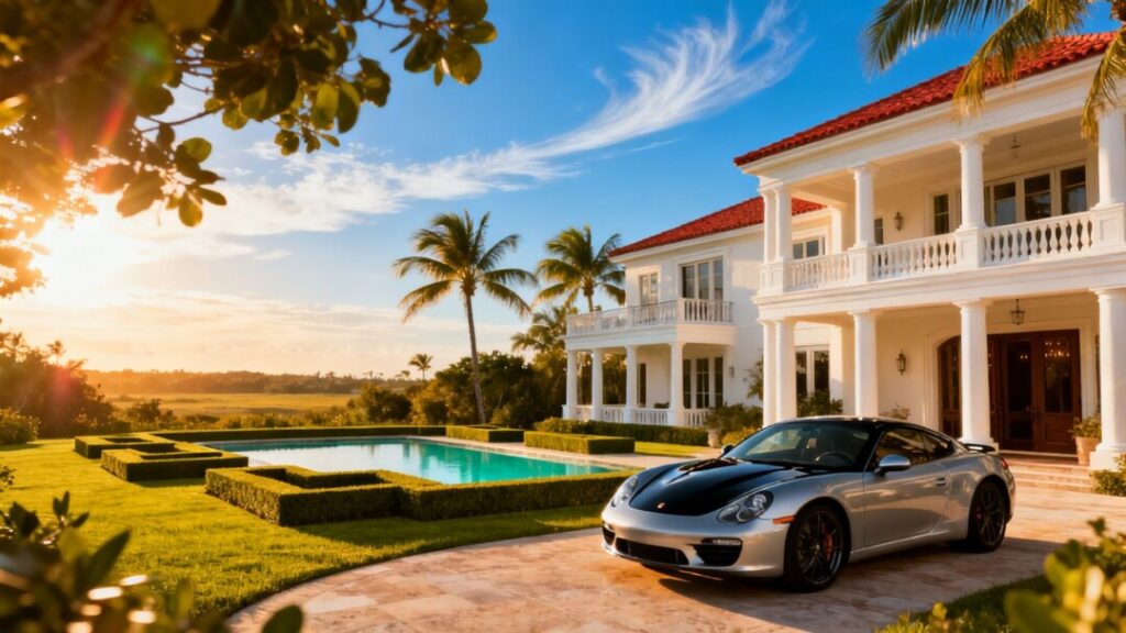 Luxury Florida mansion with sports car and pool.