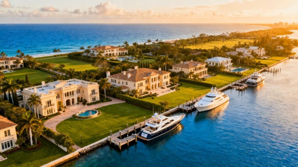 Palm Beach County luxury real estate with waterfront mansions and yachts.