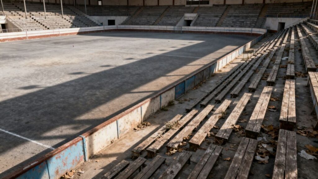Empty jai alai arena with vacant seating.