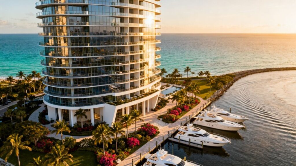 Luxury Florida condo tower overlooking ocean and marina.