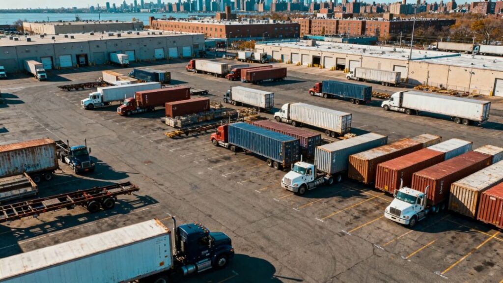 Industrial outdoor storage yard in Hunts Point, Bronx with trucks and containers.