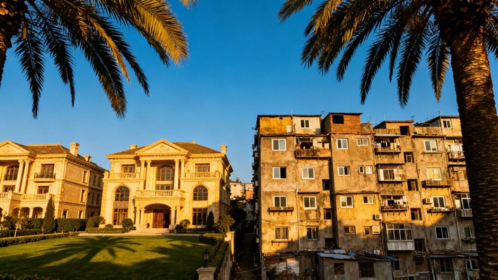 Luxury homes versus crowded apartments in Palm Beach County.
