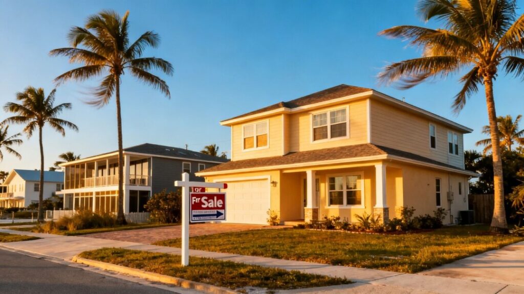 Florida homes by the coast with palm trees.