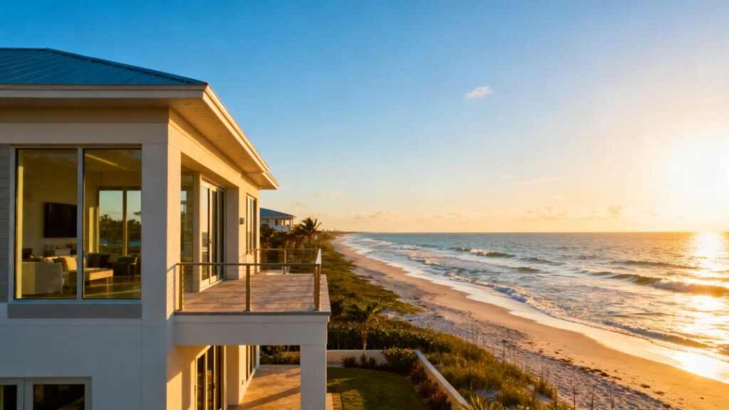 Florida coastline with a house and ocean.