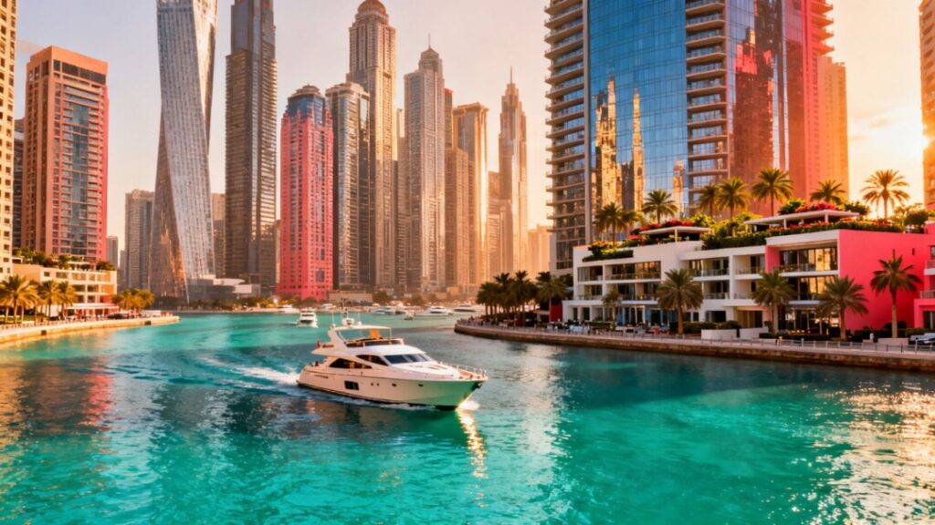 Miami skyline with luxury buildings and ocean.