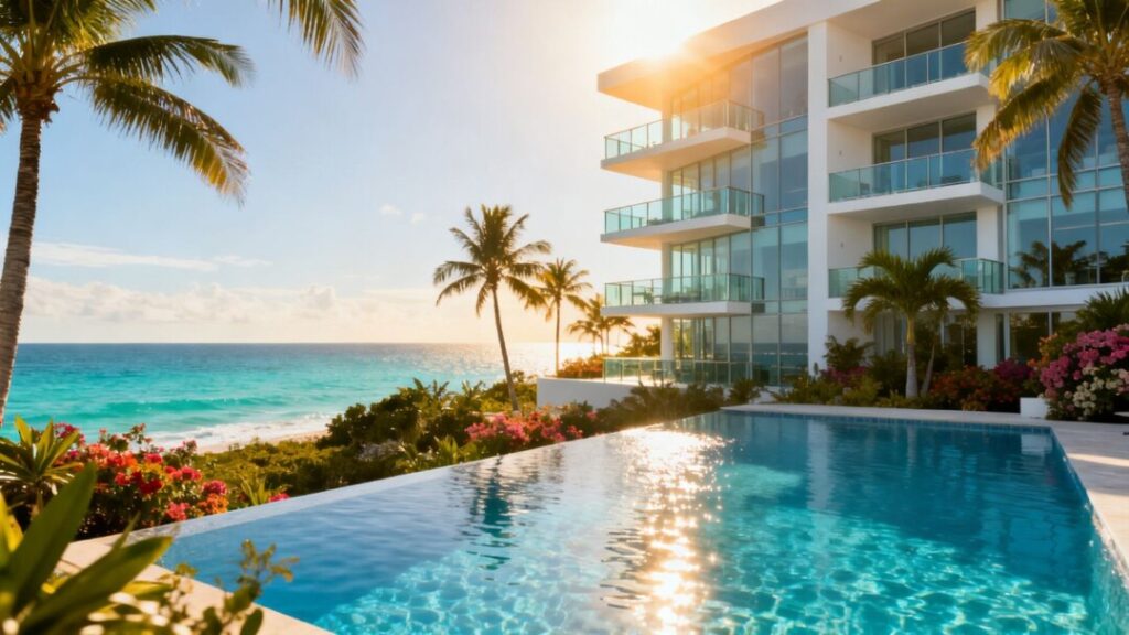 Luxury beachfront condos with ocean views and pool.