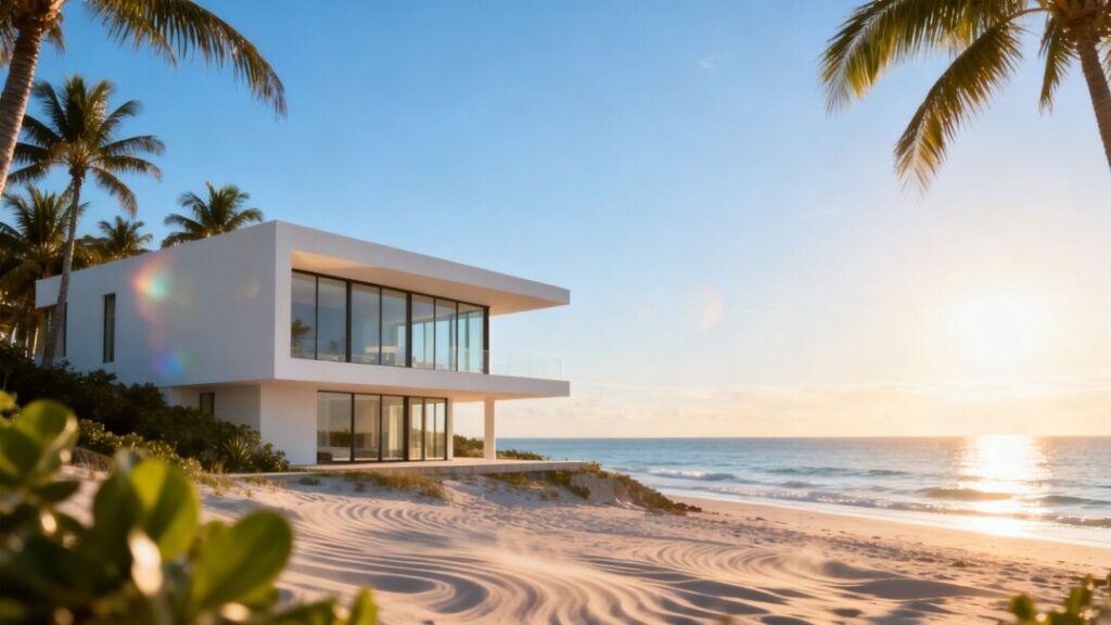 Florida coast with house and palm trees.
