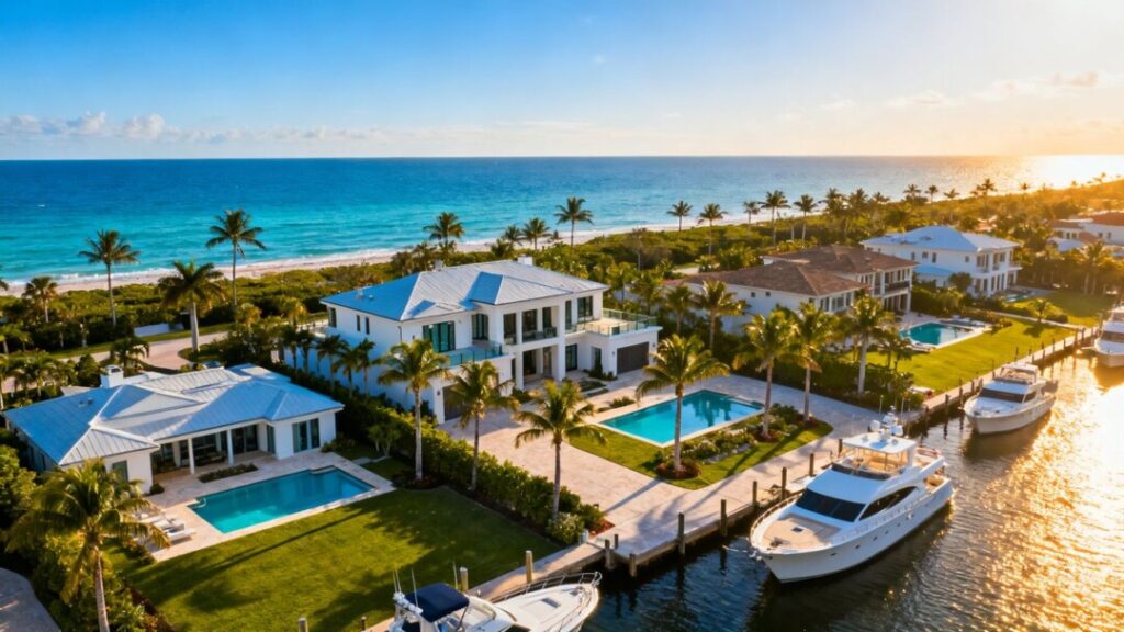 Luxury waterfront mansions with yachts and palm trees