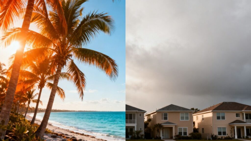 Florida housing market with sunny and overcast elements.