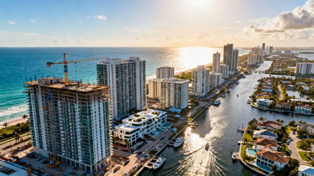 Florida skyline with new construction and ocean views.