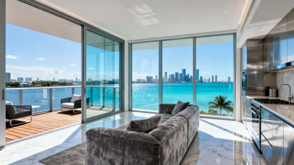 Miami luxury condo with ocean view and modern interior.