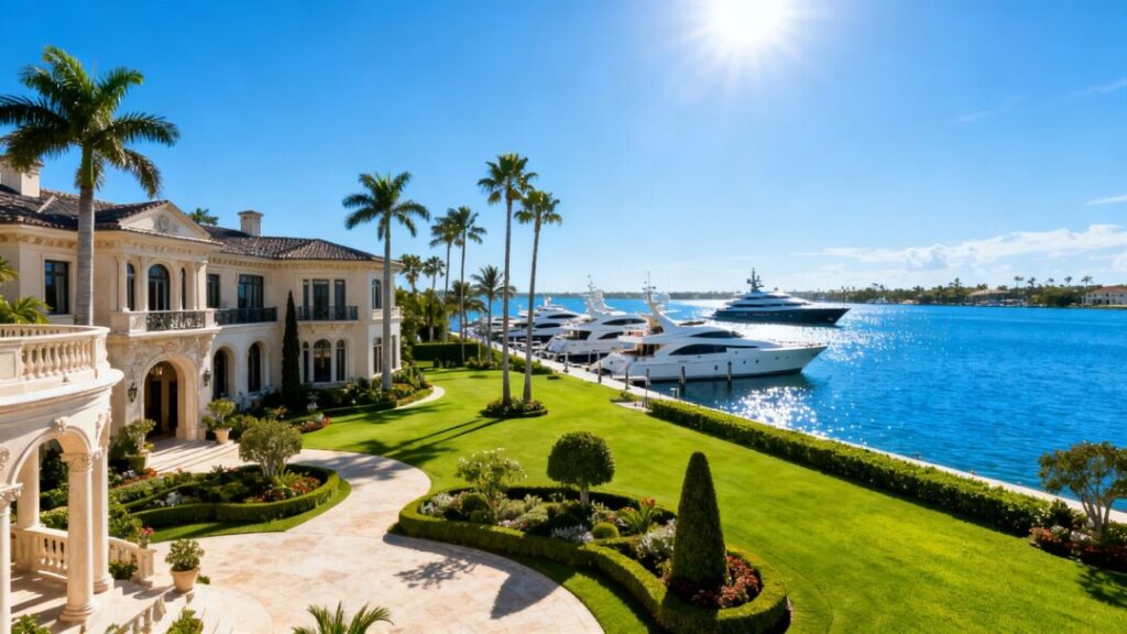 Waterfront mansion near Palm Beach with yachts and palm trees