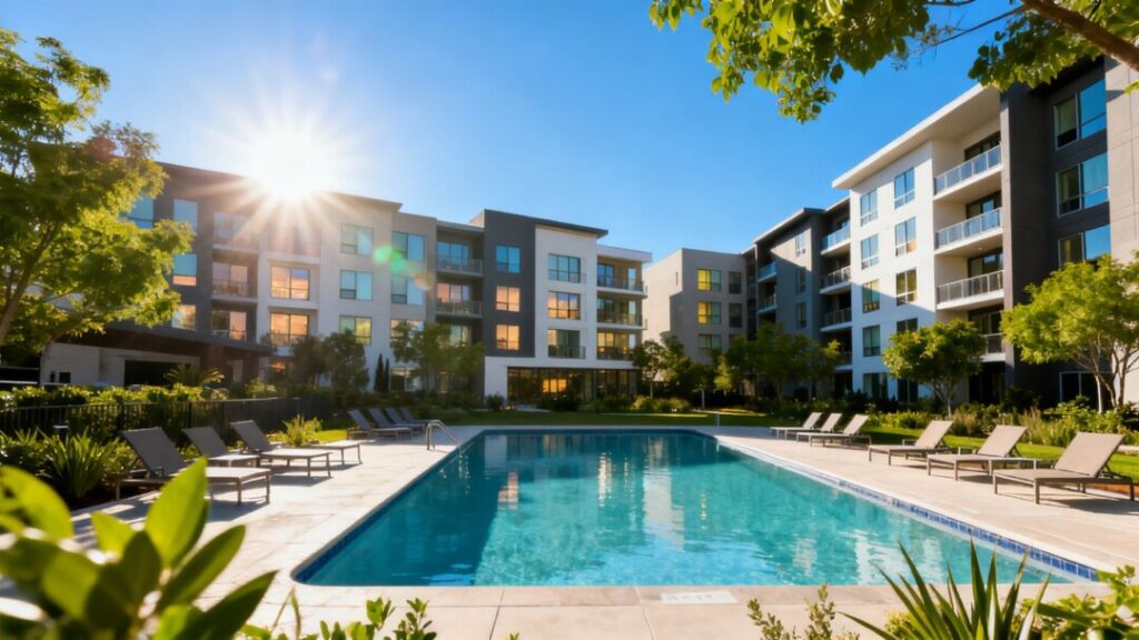 Modern apartment complex with buildings, landscaping, and pool.