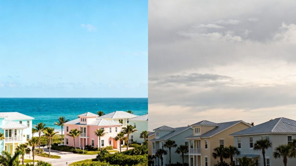 Florida housing market with contrasting visual cues of stability and potential softening.