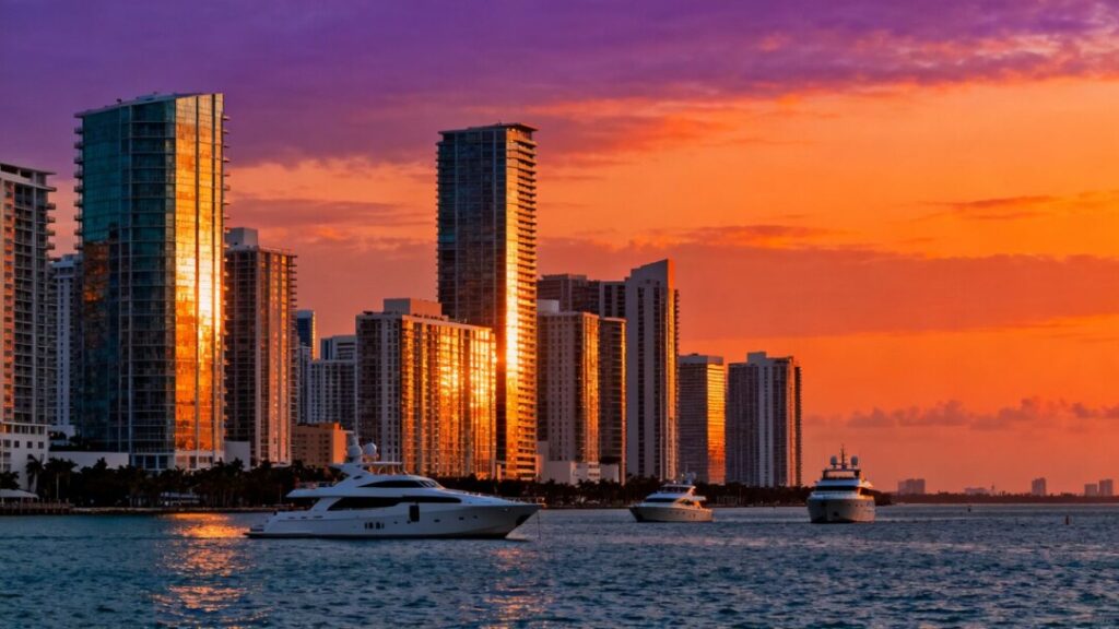 Miami skyline with condos and ocean at sunset.
