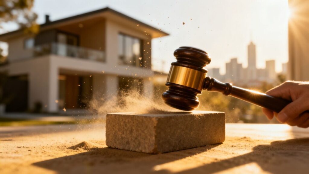 Gavel striking block near house and city.