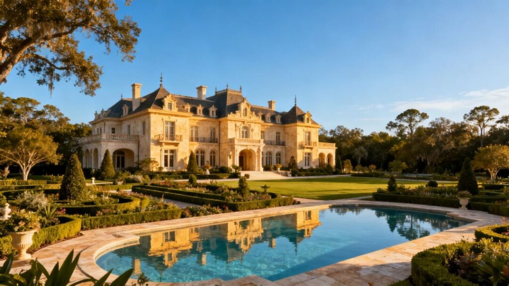 Luxurious Tampa chateau with gardens and pool.