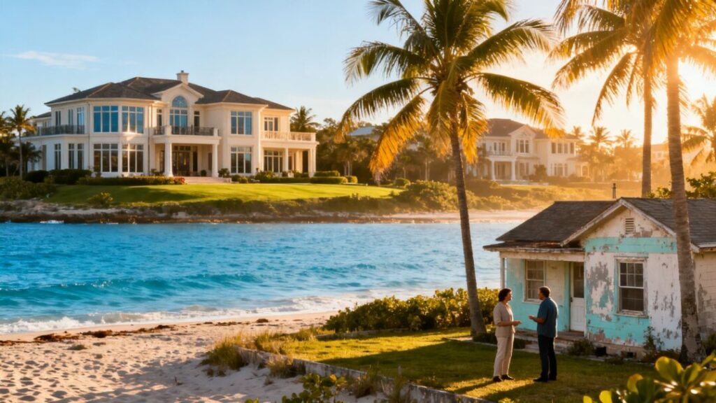 Florida coast with mansions and a smaller home.