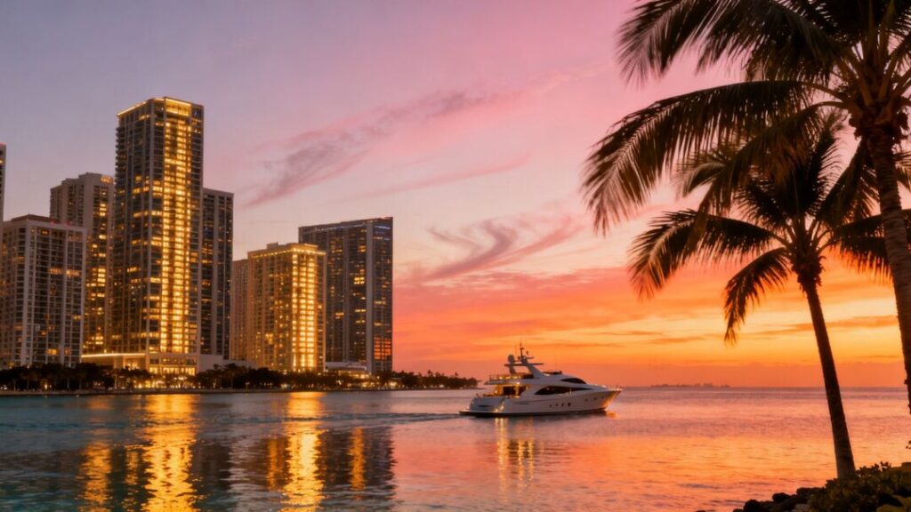 Miami skyline with ocean and palm trees at sunset.